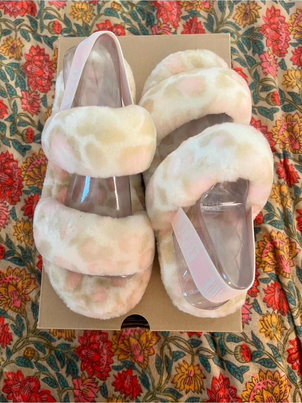 UGG “Oh Yeah” Furry Plush Double-Strap Slides - Cream & Pink Panther Print